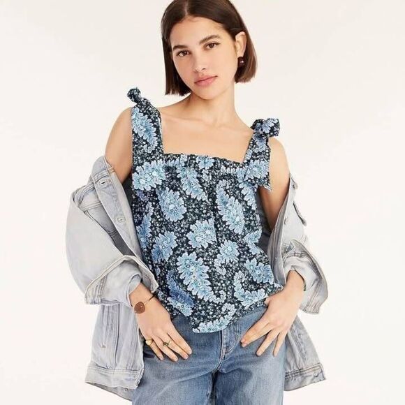 J.Crew Collection Tie Shoulder Tank Top Women's Large Blue Paisley Sleeveless - Picture 1 of 8